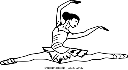 black outline art drawing illustration of a beautiful young woman stretching in a flexible splits exercise pose position with wrapped footwear. Ballet class art sign.