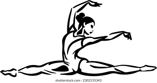 black outline art drawing illustration of a beautiful young woman stretching in a flexible splits exercise pose position with gym workout clothes. - Dance strong legs workout class design.