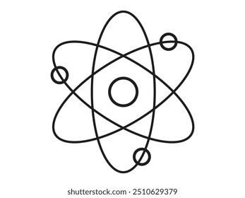 Black outline of an atom with orbiting electrons isolated on white background. Concept of science education, atomic structure, physics, simple line design. Illustration, icon, symbol.