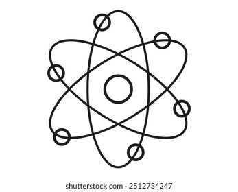 Black outline of an atom with orbiting electrons isolated on white background. Concept of science education, atomic structure, physics, simple line design. Illustration, icon, symbol.