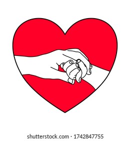 The black outline of baby hand is gentle holding the finger of the mother with love and happy in the red heart shape. Family stay together. Holiday spending time. Love and Give concept.