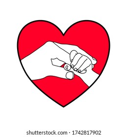 Black outline of baby's hand holding father or mother's finger with love and happiness in red heart shape. Family staying together concept. Spending Holiday time together. love and giving concept.