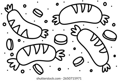 Black outline background image of sausage, fast food, meat snack