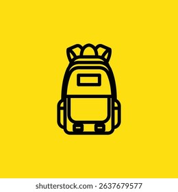 A black outline of a backpack is centered on a solid yellow background, illustrating a simple and minimalistic design that is perfect for icons or graphical elements.