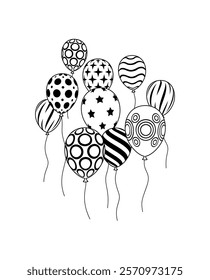 Black Outline balloons bunch. Cartoon Flat Style vector illustration Isolated on White background.