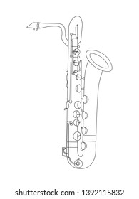 Black outline baritone saxophone isolated on white background. Musical instrument for template or art school dictionary illustration