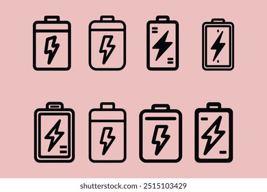 Black outline of a battery icon Set with a lightning bolt symbol inside, set against a white background.