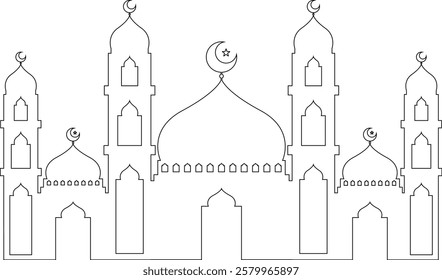 Black Outline Big Mosque with Crescent Star on Top of Dome and Detailed Window and Door