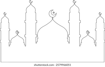 Black Outline Big Mosque with Crescent Star on Top of Dome