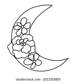 Black outline boho moon with flowers in modern style. Hand drawn mystical symbol isolated on white background. Vector magic illustrations.