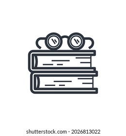 Black outline books and glasses symbol, education and knowledge vector icon. Fully editable stroke isolated on white transparent background.
