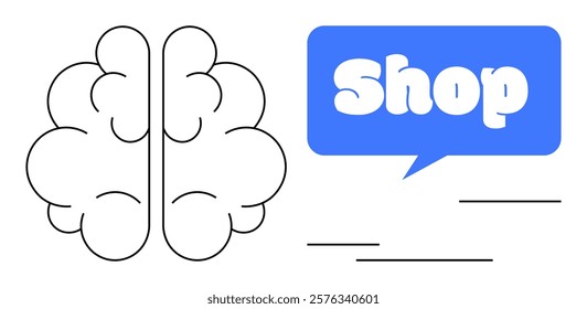 Black outline of a brain next to a blue speech bubble with the word Shop. Ideal for marketing business online shopping consumer behavior e-commerce and advertising themes. Simple vector style