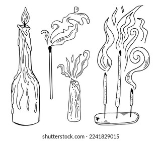 Black outline burn candle in a bottle, incense sticks for home, palo santo line art illustration. Modern witchcraft vector illustration set.