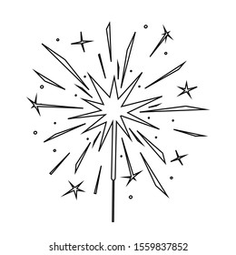 Black outline burning sparkler silhouette isolated on white. Indian fireworks with sparks and glow.  Element for design banner, flyer, card, background for party, birthday, celebration. Vector 