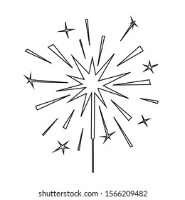 Black outline burning sparkler silhouette isolated on white. Indian fireworks with sparks and glow.  Element for design banner, flyer, card, background for party, birthday, celebration. Vector 