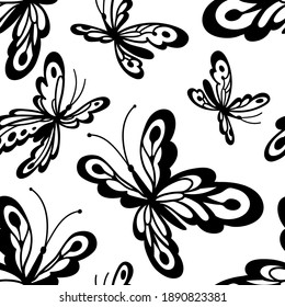 Las mariposas de contorno negro son un patrón sin fisuras. Ilustración vectorial decorativa para el diseño, la moda textil, la tela, la tipografía. 