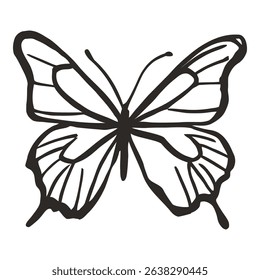 Black Outline Butterfly design with minimalist style and simple lines, abstract butterfly silhouette on white background. Perfect for modern design, nature artwork, and graphic illustrations.