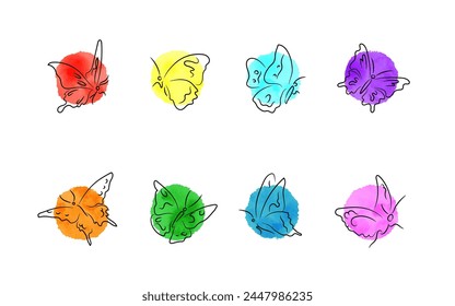 Black outline calligraphic butterflies on watercolor round spots, bright rainbow color scheme