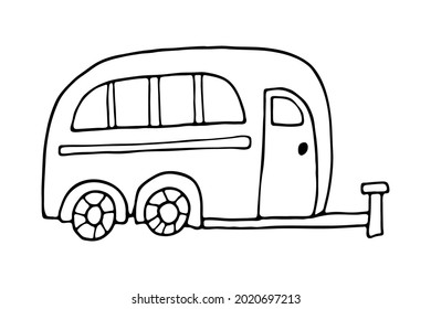 Black outline camper trailer line art. Camping car art. Summer camper family traveling. Vector illustration.