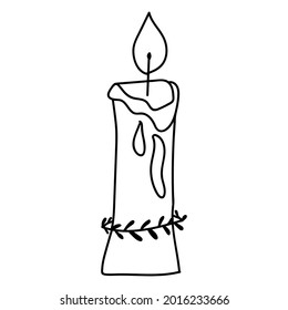 Black outline candle in modern boho style. Vector magic illustrations. Hand drawn mystical line art isolated on white background.