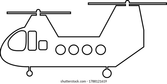 Black outline of a cargo helicopter with two screws on a white background. Vector icon.