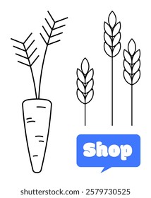 Black outline of a carrot and three wheat stalks with a blue message bubble saying Shop. Ideal for agriculture, organic food, farming, online groceries, and healthy eating themes. Simple line art