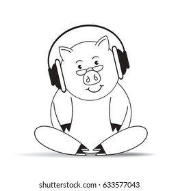 black outline cartoon pig with headset-vector drawing