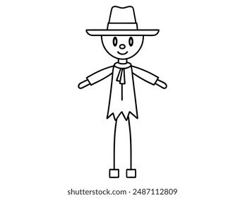 Black outline of cartoon scarecrow with witch hat and attire isolated on white background. Concept of Halloween, autumn, spooky character, farm decoration. Print, digital art, design element.