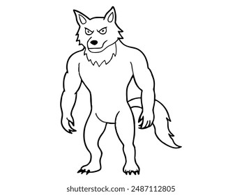 Black outline of cartoon werewolf isolated on a white background. Concept of Halloween character, mythical creature, monster, horror, fantasy, nightmare. Print, design element, illustration