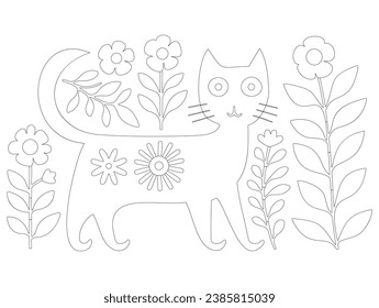 Black outline cat with flower on white background, coloring page style