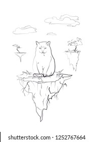 Black outline of a cat sitting on a flying island. 