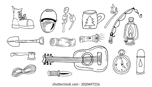 Black outline cauldron, fishing rod, dishes, rope, flashlight, guitar, boot, thermos, white background. Hand drawing camping vector illustrations. Hiking doodles.