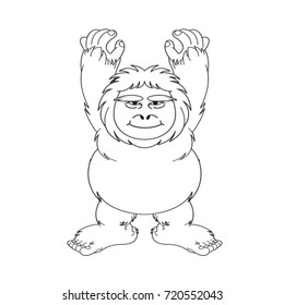 black outline cave man lifting hands up-vector drawing