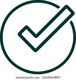 Marca de verificación de contorno negro en el icono del círculo, Aprobación, Acuerdo, confirmación, Ilustración vectorial de validación sobre fondo blanco