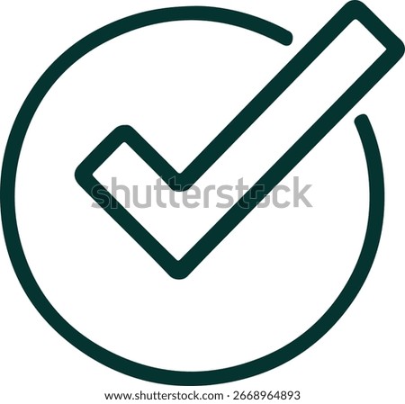 Black outline check mark in circle icon, approval, agreement, confirmation, validation vector illustration on white background