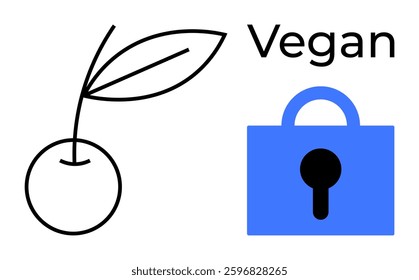 Black outline of a cherry with leaves and a blue lock icon with the word Vegan in black. Ideal for food, security, diet, labels, veganism. Clean and simple style