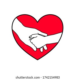 The black outline of child hand is gentle holding the hand of the dad with love and happy in the red heart shape. Family stay together. Holiday spending time. love and give concept.