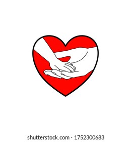 The black outline of child hand is gentle touch the palm of the dad with love and happy in the red heart shape. Family stay together. Holiday spending time. Love and give concept.