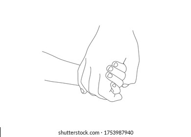 the black outline of child hand is gentle holding the hand of the dad with love and happy on the blue background. Family stay together. Holiday spending time. 