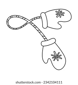 Black outline of children mittens vector illustration. Doodle of male or female accessory for winter isolated on white background. Fashion, winter, charity concept