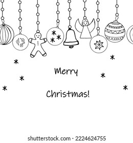 Black outline christmas card on white background. Modern flyer template for decoration design. Vector ornament pattern. Happy festive background. Text: merry christmas. Party invitation design.