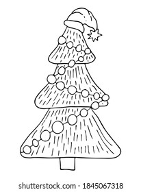 Black outline christmas tree in Santa hat isolated on white background. Winter holidays rustic decor. Doodles vector illustration for cards, home decor and print design.