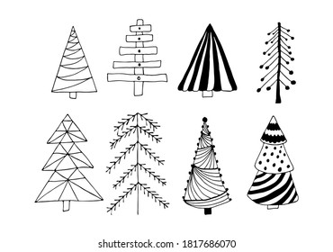 Black outline christmas tree set isolated on white background. Winter holidays rustic decor. Doodles vector illustration for cards, home decor and print design.