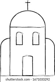 Black outline of a church building with a cross.