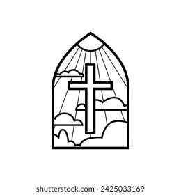 Black outline church window with cross, vector illustration isolated on white background. Decorative design element, ornament with clouds, religion and architecture