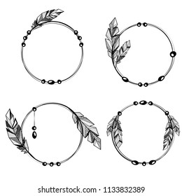 Black outline circle frames set with feathers