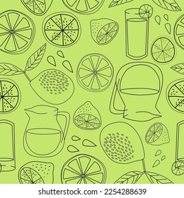 Black Outline Citrus. Lemonade jug and glass. Citrus Fruit, Lemon, Lime, Lemon slice, Lemon half. Vector repeat pattern