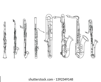 Black outline clarinet, bassoon, contrabassoon, saxophone isolated on white background. Musical instrument for template or art school dictionary illustration