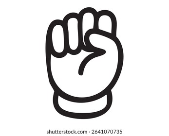 Black outline clenched fist hand gesture icon isolated on white background. Concept of unity, support, empowerment, friendly solidarity, protest symbol, human strength, vector illustration.