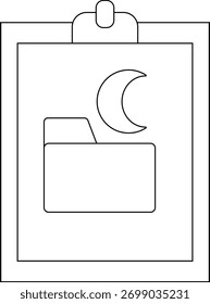 Esquema negro del Portapapeles con la carpeta del archivo y la luna en la página